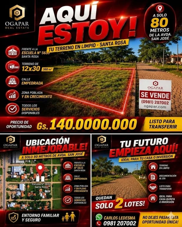 TERRENO EN LIMPIO TITULADO A 80 METROS DE AVDA SAN JOSE AREA ESCOLAR IDEAL VIVIENDA
