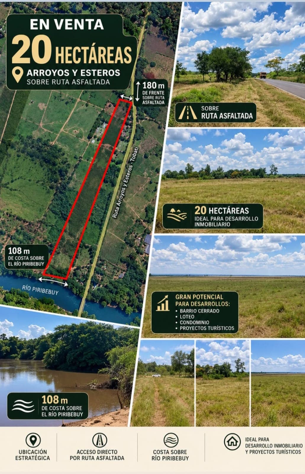 VENDO 20 HECTÁREAS EN ARROYOS Y ESTEROS — RUTA ASFALTADA Y COSTA AL RÍO PIRIBEBUY
